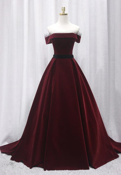 Burgundy velvet long prom gown formal dress  M650