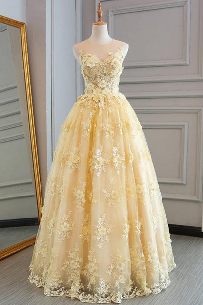 New Style Yellow Sheer Neck Tulle Lace Appliqued Floor-length Prom Dresses M1170