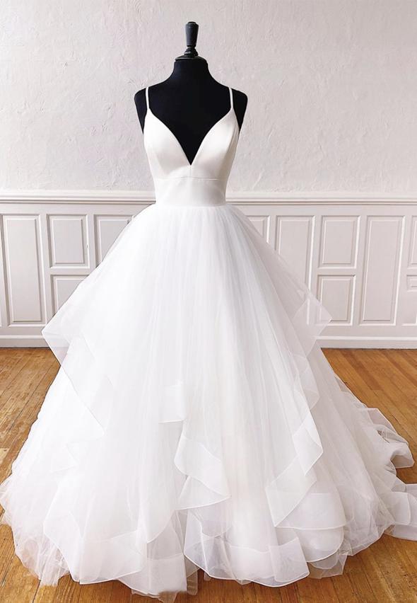 White v neck tulle long prom gown formal dress  M754