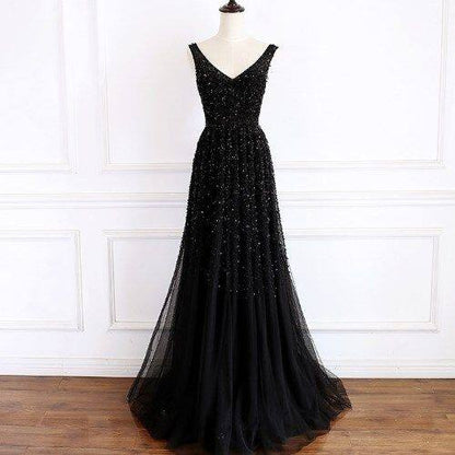 Elegant V-Neck Beaded Black Long Prom Dress M917