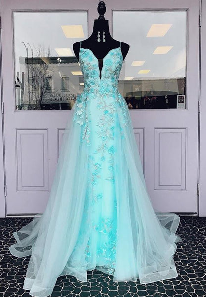 Blue tulle lace long prom dress evening dress M861