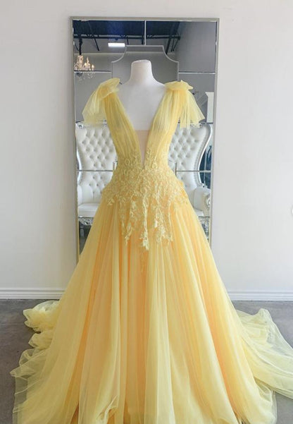 Yellow v neck lace long prom dress yellow evening dress  M607
