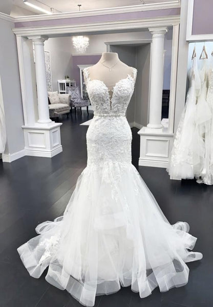 White lace long prom dress mermaid evening dress M779