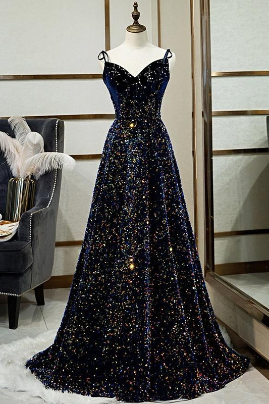 Sparkly Long A-line Lace Up Back Evening Prom Dresses Party Dress M1041