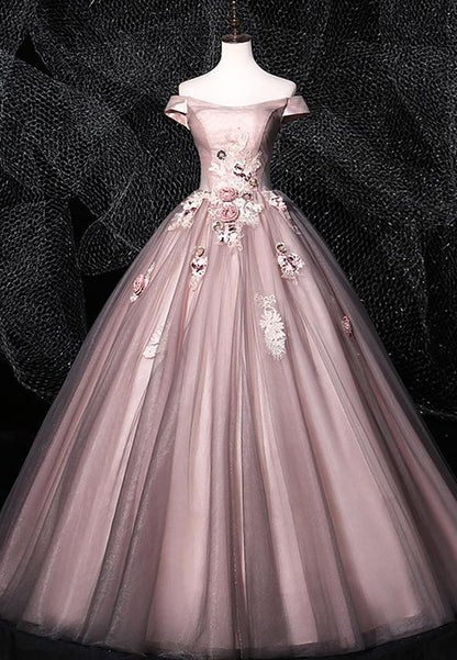 Pink tulle lace long prom gown evening dress M860
