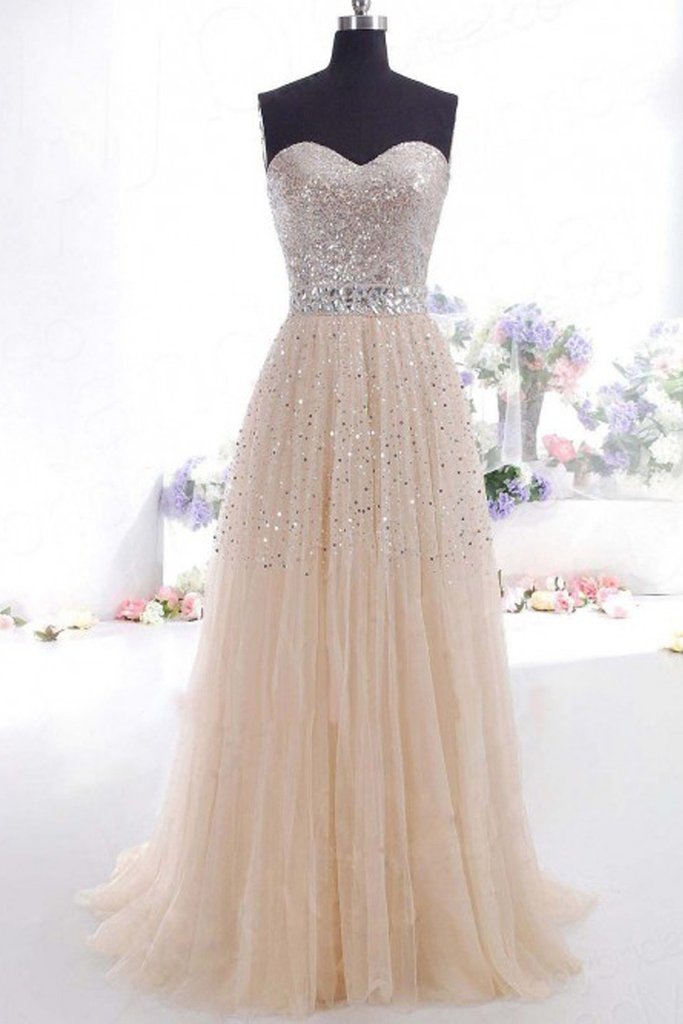 Sexy Strapless Sleeveless Sweetheart Beading Tulle Long Prom Dress M1128
