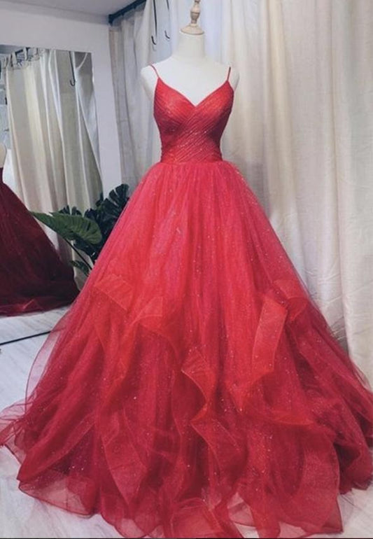 A line v neck tulle prom gown evening dress M818