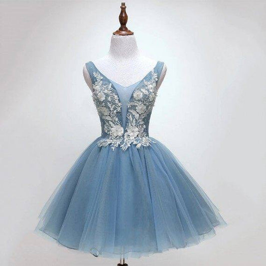 Misty Blue Short Homecoming Dress with 3D Flowers M994