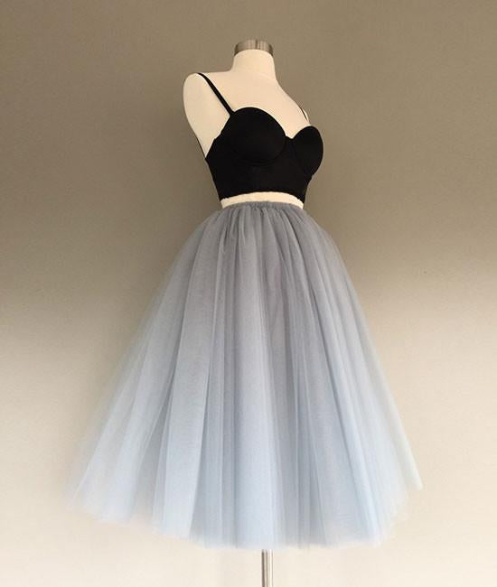 Two Piece Spaghetti Straps A-Line Gray Tulle Homecoming Dress,Sweetheart Tulle Prom Dresses M1271
