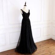 Elegant V-Neck Beaded Black Long Prom Dress M917