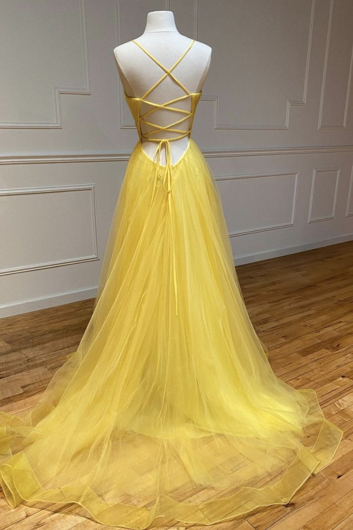 Yellow tulle long A line prom dress evening dress M2118
