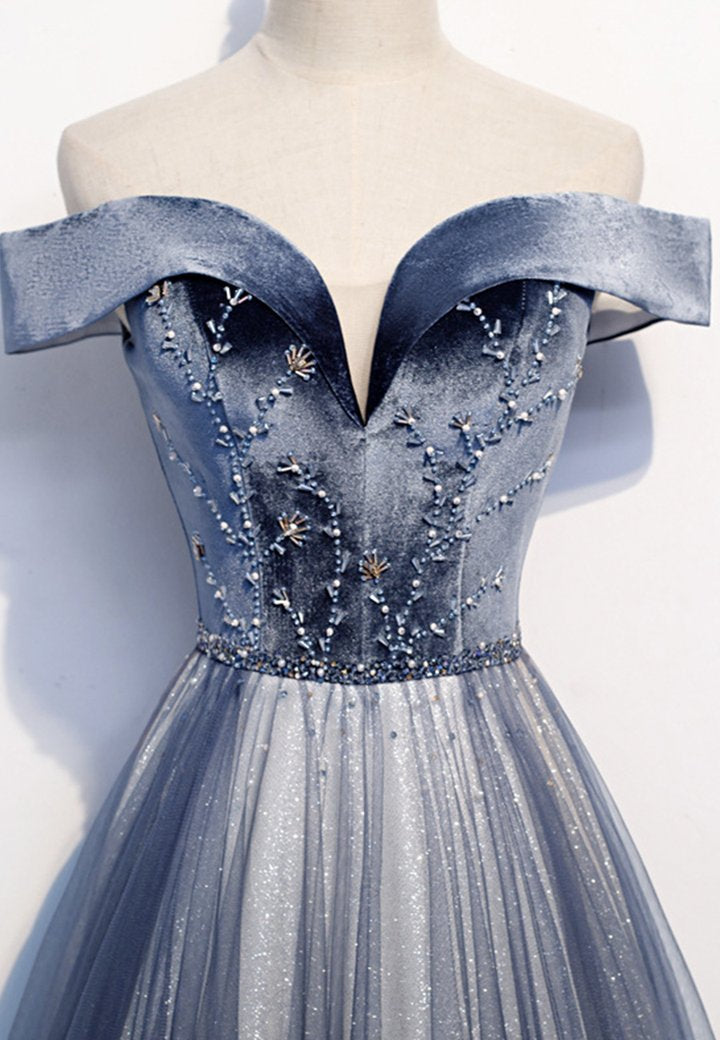 Blue velvet beads prom dress blue formal dress M845