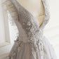 Gray v neck tulle lace prom gown evening dress M821