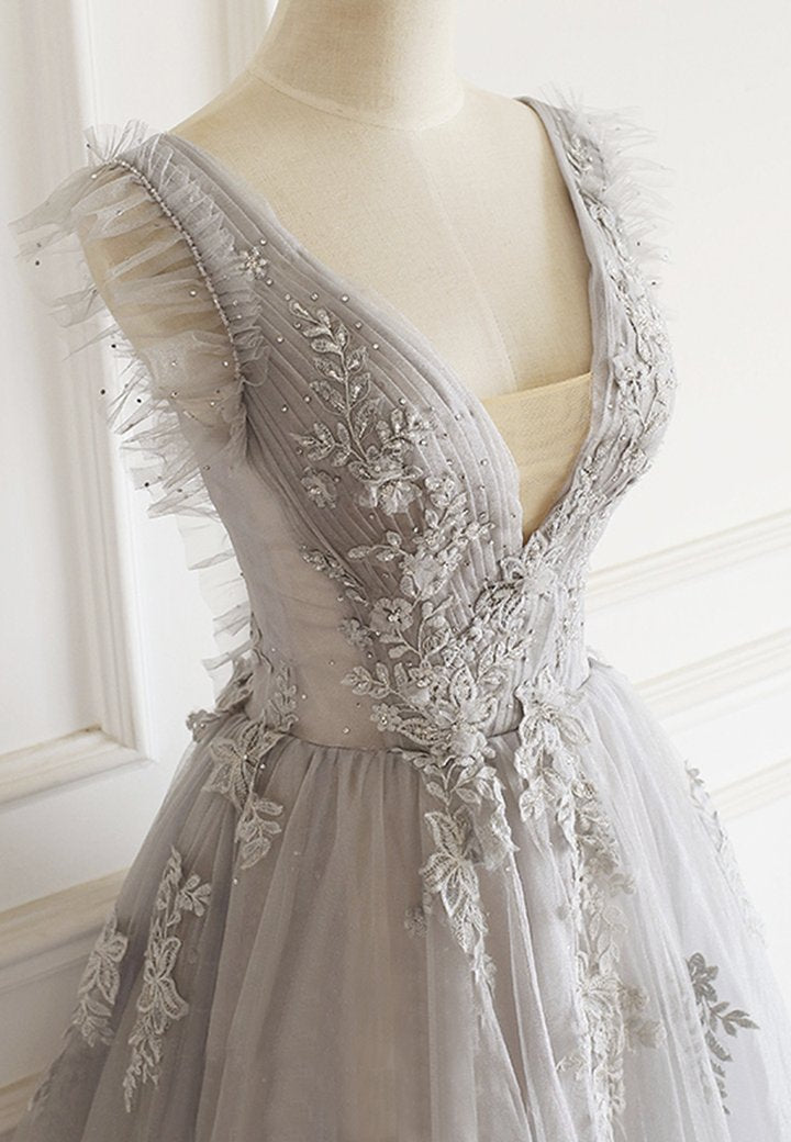Gray v neck tulle lace prom gown evening dress M821