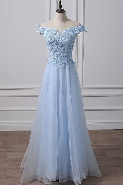Elegant Off Shoulder Long Sky Blue Lace Prom Dress, Off Shoulder Sky Blue Formal Dress, Sky Blue Lace Evening Dress M2964