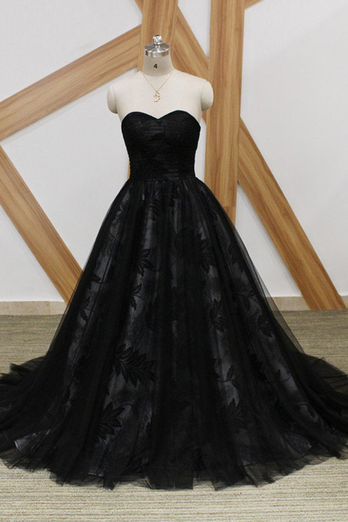 Black Lace Strapless Long Sweet 16 Prom Dress, Long Tulle Graduation Dress M1626