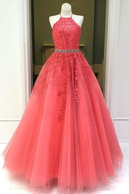 Stylish Backless Coral Lace Long Prom Dress, Coral Lace Formal Graduation Evening Dress M2939