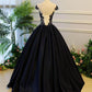 Generous Princess Cap Sleeves Scoop Black Applique Satin Long Prom/Evening Dress M1206
