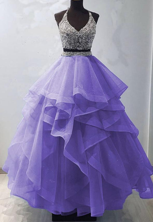 Two pieces tulle beads long prom gown evening dress M763