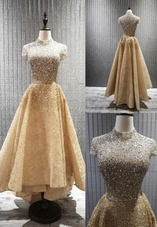 Gold beads high low prom dress formal dress  M637