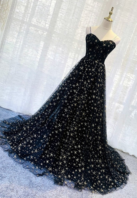 Black tulle long prom dress black evening dress  M668