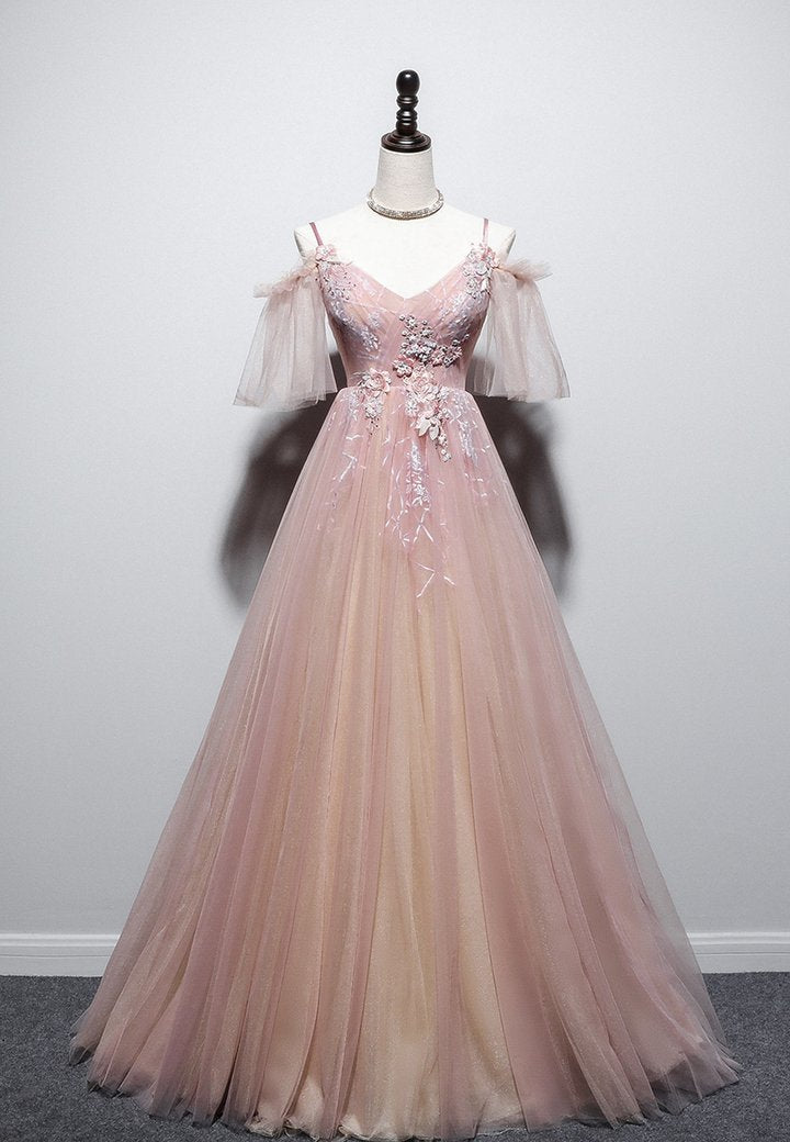 Pink v neck tulle long prom dress pink evening dress M603