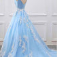 Sky Blue V-neck A-Line Lace Appliques Tulle Prom Dresses,Formal Women Dress  M1243