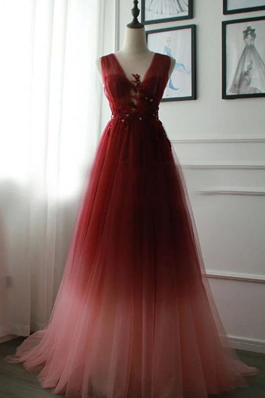 A Line V Neck Tulle Ombre Prom Dress, Cheap Appliqued Party Dresses M1880