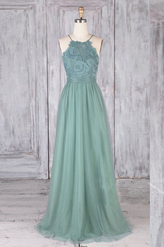 A Line Backless Lace Green Long Prom Dresses, Backless Green Lace Formal Graduation Evening Dresses M3047
