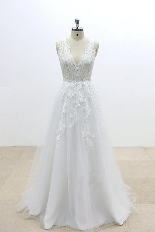 A Line V Neck Lace Appliqued Tulle Wedding Dress with V-Cut Back,Beach Wedding Dress M1405