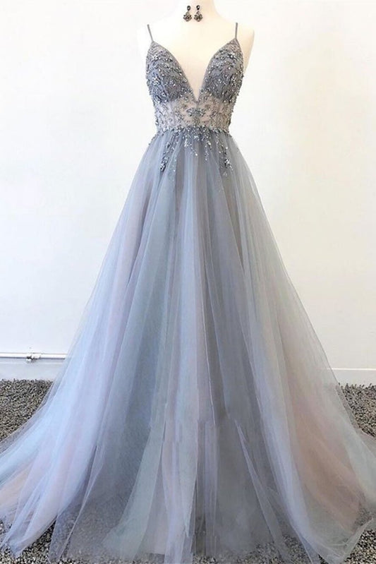 A Line V Neck Grey Beaded Long Prom Dress with Split, Grey Beaded Formal Graduation Evening Dress M2869