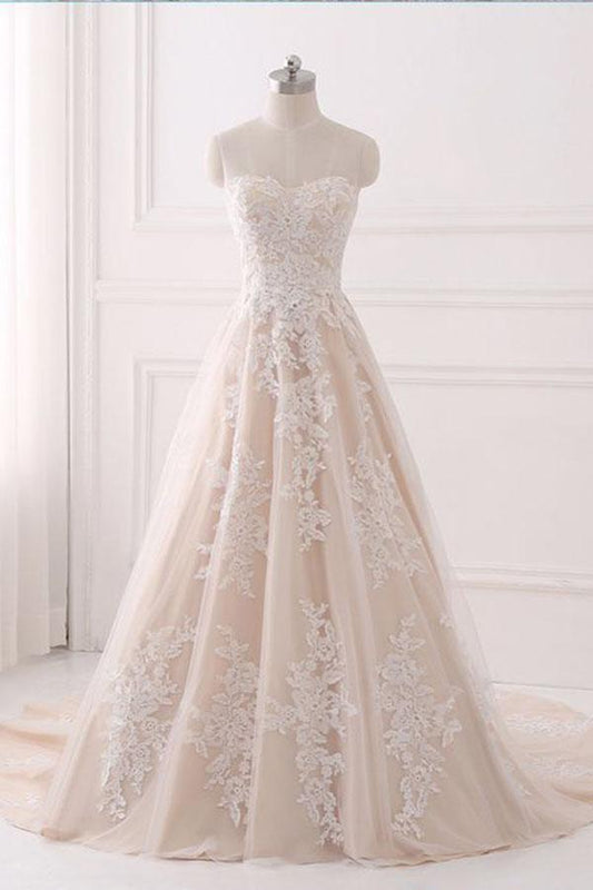 A Line Sweetheart Tulle Wedding Dress with Appliques,Strapless Prom Dresses M1406