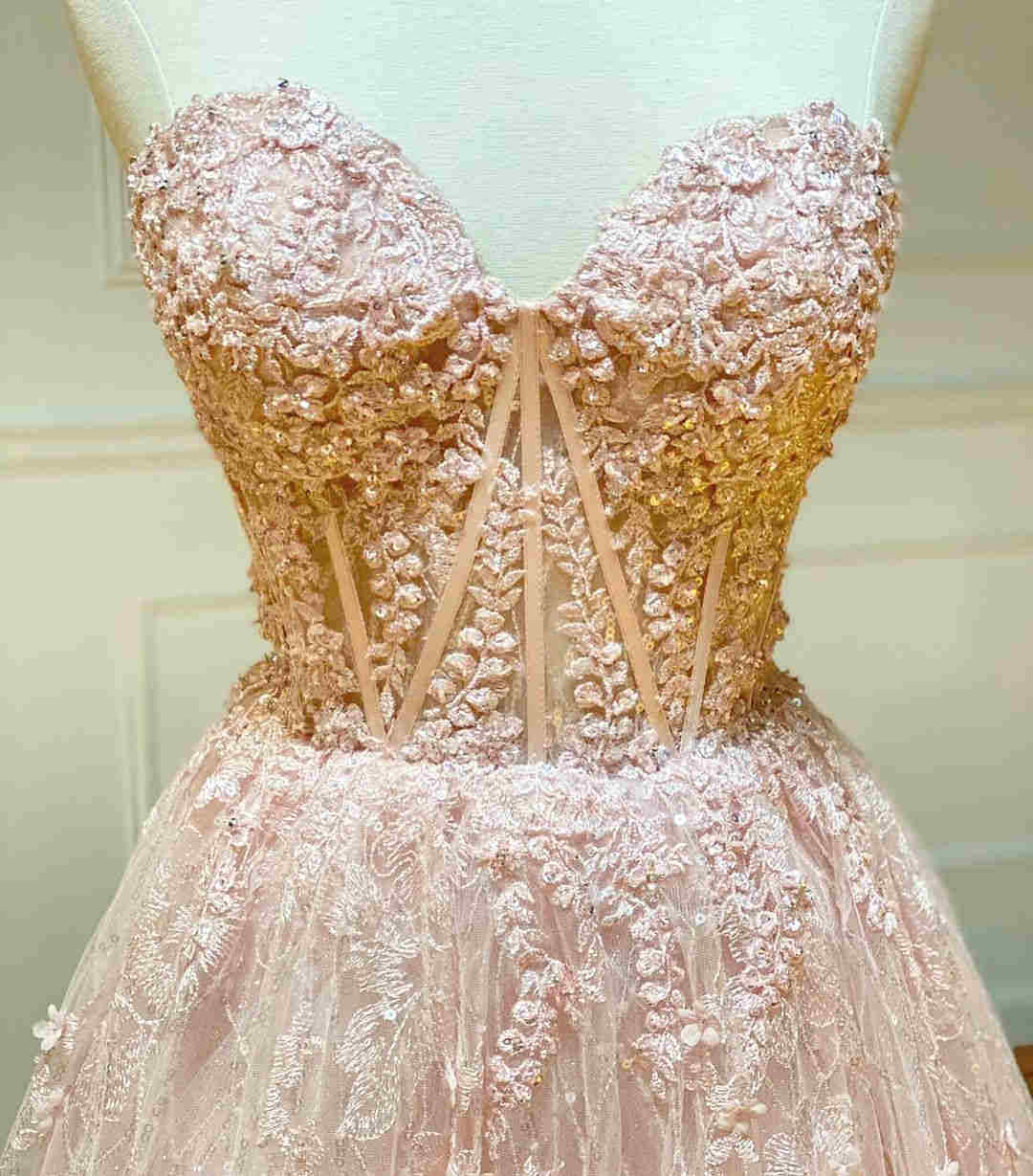Elegant Strapless Embroidery Pink Long Prom Dress M944