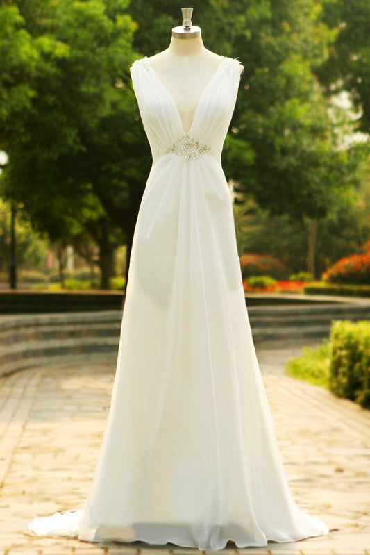 Charming V-Neck Long Chiffon Beach Wedding Dress M1352
