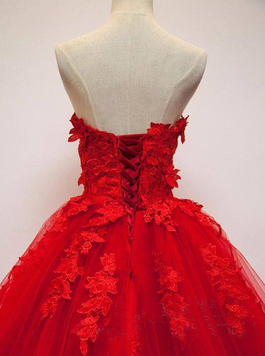 Pretty Red Sweetheart Strapless Ball Gown Applique Tulle Long Prom Dress,Party Dresses M1101