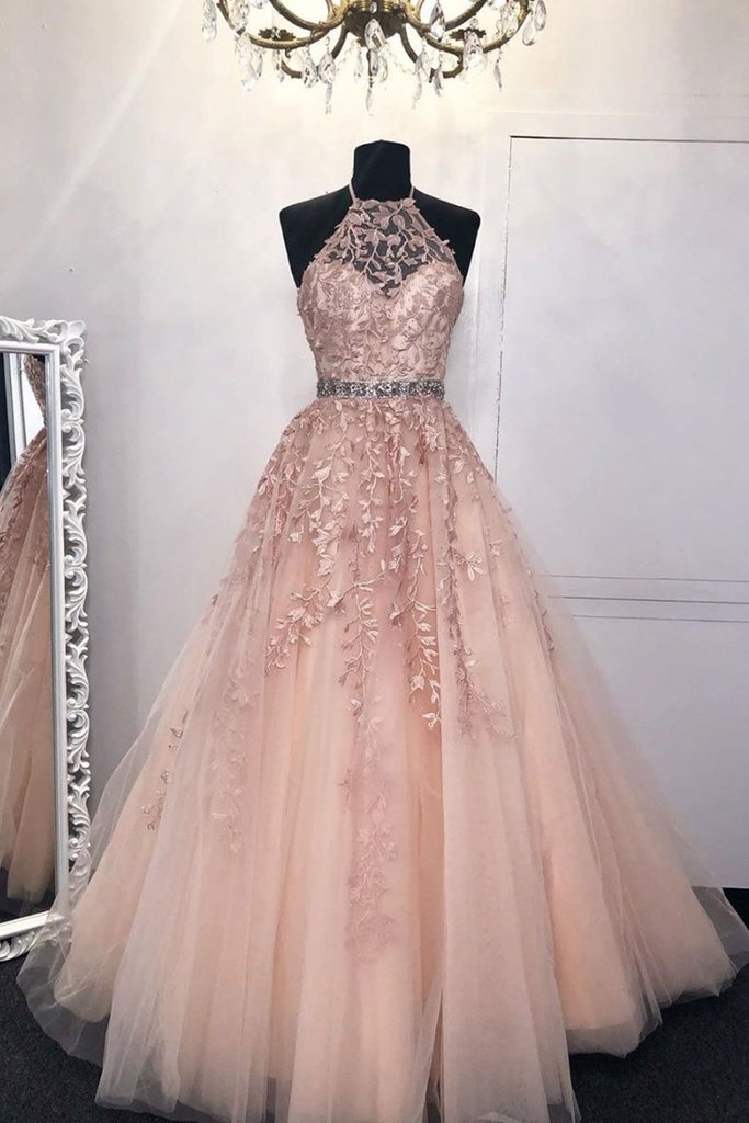 Halter Neck Pink Lace Long Prom Dress with Belt, Pink Lace Formal Dress, Pink Evening Dress M2929