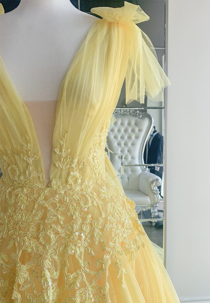 Yellow v neck lace long prom dress yellow evening dress  M607