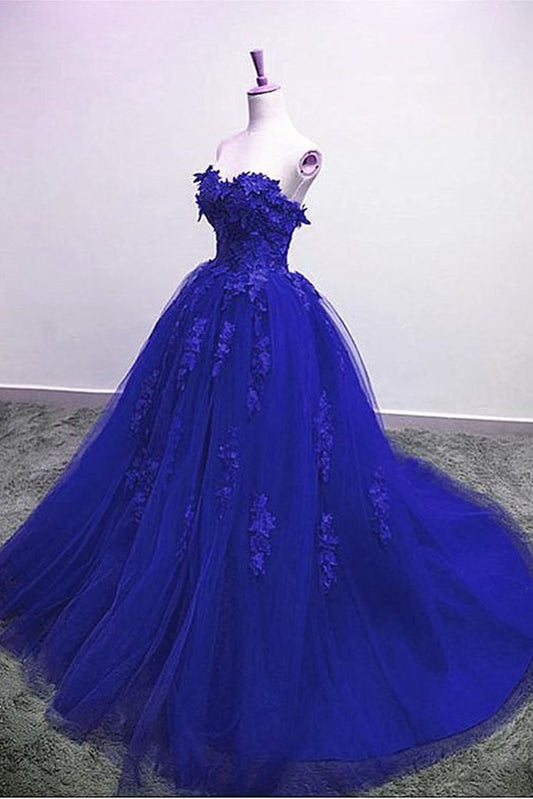 Gorgeous Blue Lace Floral Long Prom Dress, Blue Appliques Formal Evening Dress, Blue Ball Gown M2698