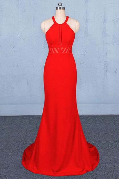 Stylish Halter Mermaid Prom Dress, Red Mermaid Open Back Long Evening Dresses M1857