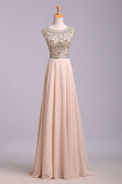 A Line Floor Length Scoop Chiffon Prom Dress, Beading Long Evening Dresses M1508
