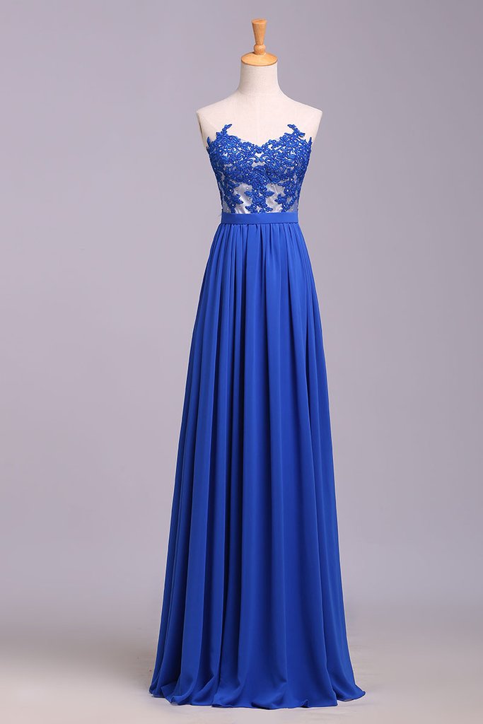 Elegant Strapless Chiffon Evening Dress with Lace Appliques, Long Prom Dress M1509