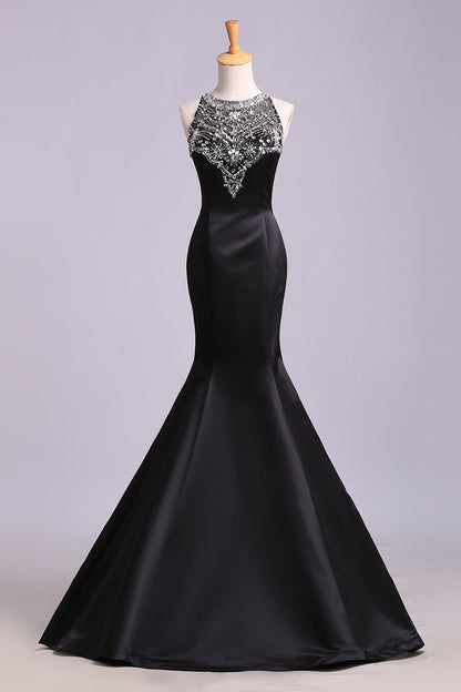Black Mermaid Sleeveless Beaded Satin Prom Dress, Long Evening Dresses M1507