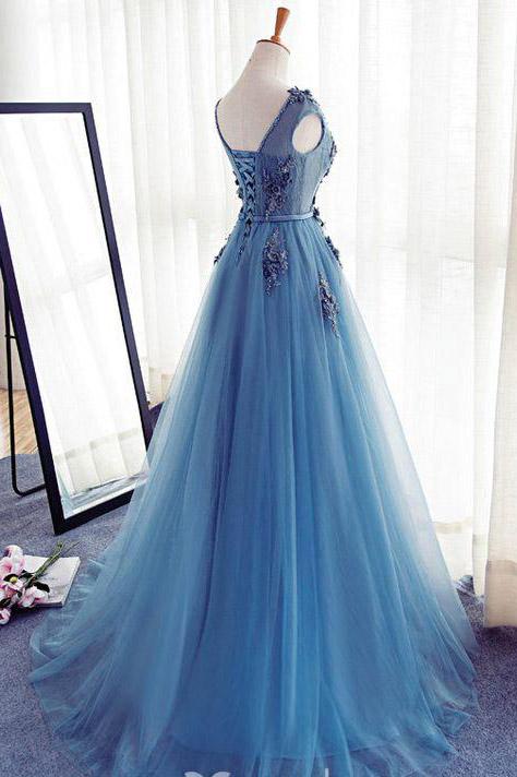 Appliques A-Line Sleeveless Ice Blue Tulle Prom Dresses Long,Evening Dresses M1042