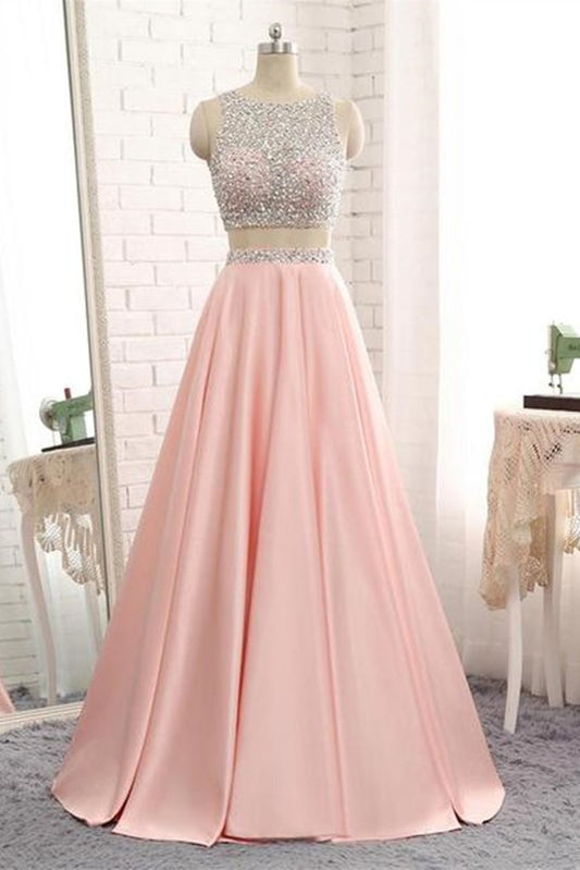 A Line Round Neck Two Pieces Beaded Pink Prom Dresses, Two Pieces Pink Formal Dresses, Pink Evening Dresses M3131