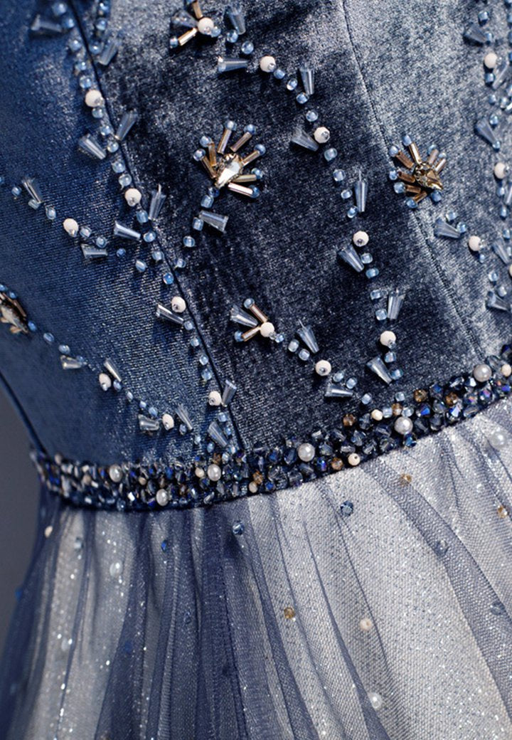 Blue velvet beads prom dress blue formal dress M845