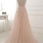 A Line Sheer Neck Cap Sleeves Tulle Prom Dresses, Lace Appliqued Long Formal Dresses M1967