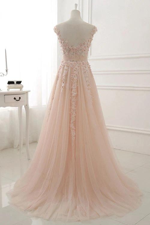 A Line Sheer Neck Cap Sleeves Tulle Prom Dresses, Lace Appliqued Long Formal Dresses M1967