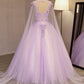 Unique Lilac Tulle Long Ball Gown Evening Dress with Flowers, Puffy Quinceanera Dresses M1619