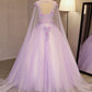 Unique Lilac Tulle Long Ball Gown Evening Dress with Flowers, Puffy Quinceanera Dresses M1619