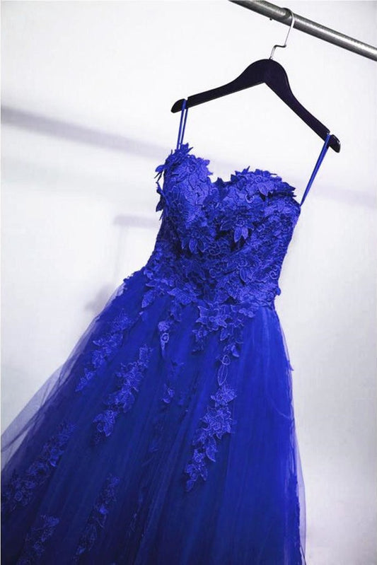 Gorgeous Blue Lace Floral Long Prom Dress, Blue Appliques Formal Evening Dress, Blue Ball Gown M2698
